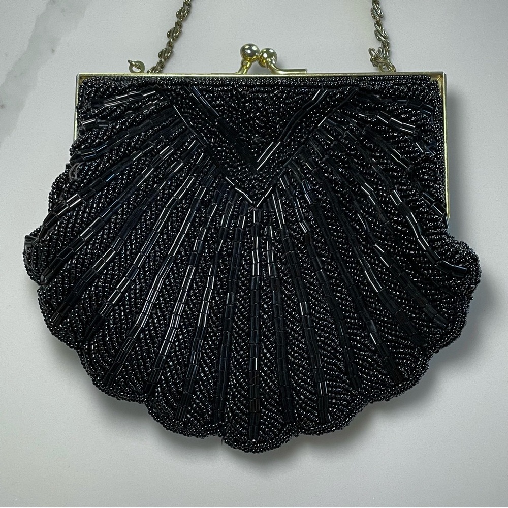 Vintage Elegant Black Beaded Clamshell Clutch Evening Bag